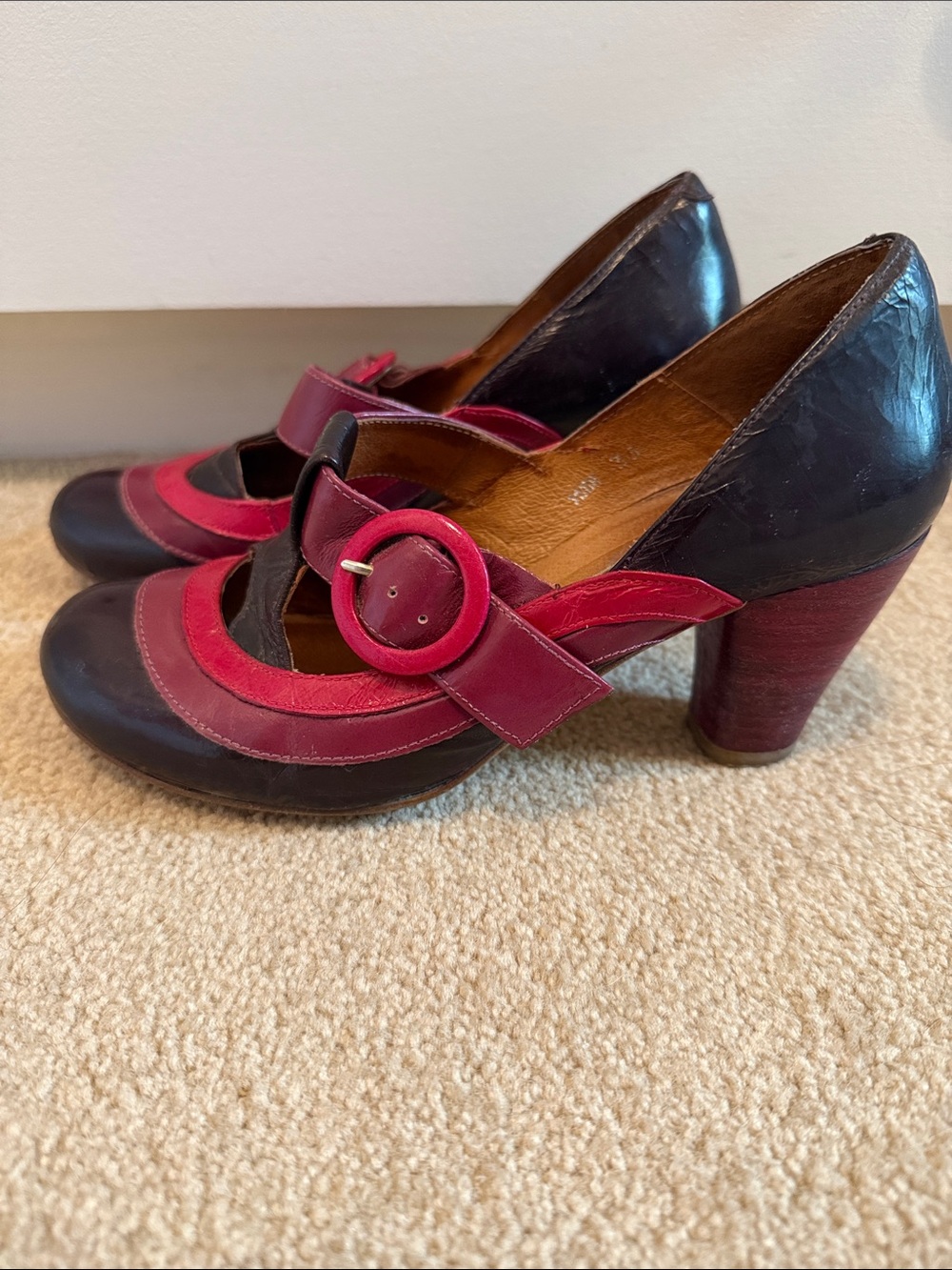 Dark Purple, Pink and Burgundy Edgy Leather Mary Jane Heels with Round Buckle